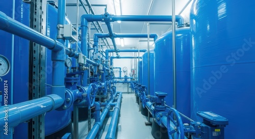 Industrial water treatment facility with blue pipes and tanks in a modern filtration system room for clean water processing