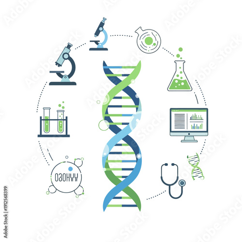 DNA helix surrounded by scientific research icons: microscope, test tubes, computer, stethoscope