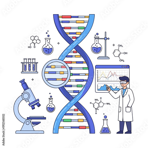 DNA helix, scientist, microscope, lab equipment, research, data analysis, genetics, molecular biology