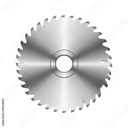 A silver circular saw blade with a central hole and sharp teeth on its edge.