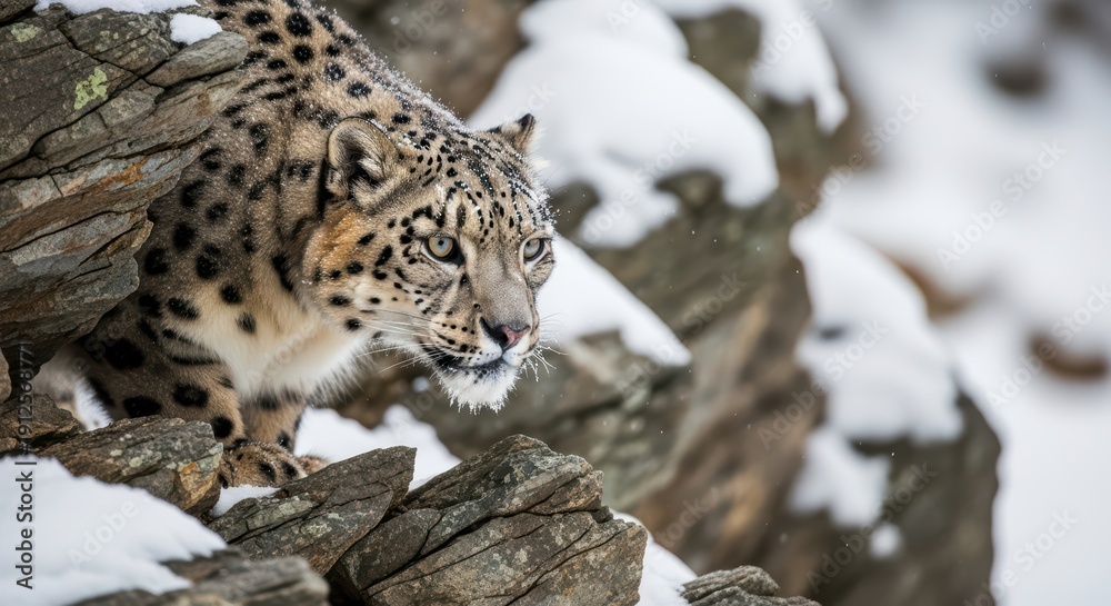 Fototapeta premium Majestic snow leopard stealthily traverses rocky terrain amidst winter landscape
