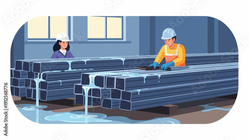 Workers in factory cleaning metal pipes with water and brushes