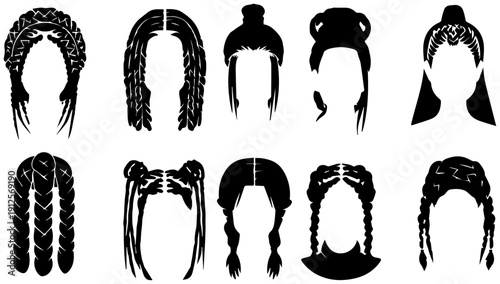 Set of braided hairstyle icons featuring box braids and fishtail designs on white background