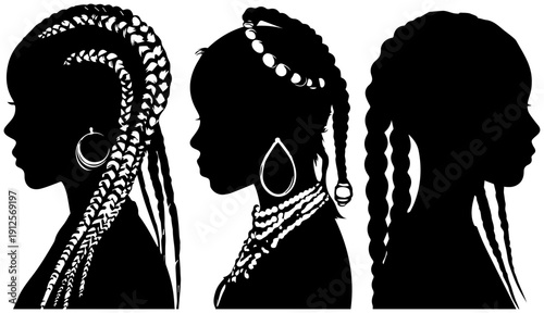 Three black silhouette women with braided hairstyles and jewelry on white background