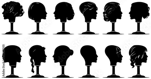 Collection of black silhouette icons depicting various hairstyles on wig stands isolated on white background for graphic design use