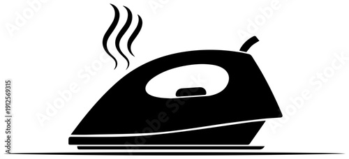 Simple solid black icon of a classic electric iron on a white background with steam