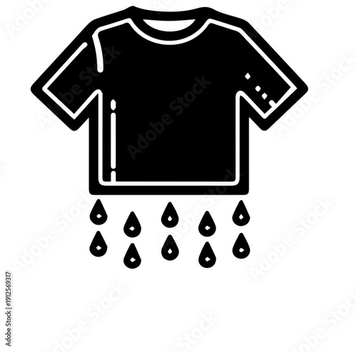 Black t shirt icon with water droplets falling down on white background symbolizing wet clothing or laundry