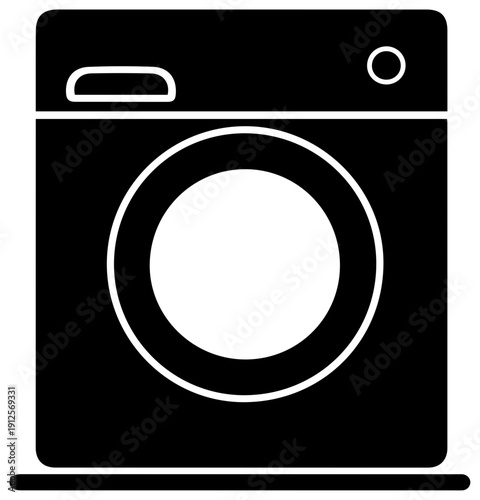 Solid black filled icon of a front loading washing machine with white outline on clean background