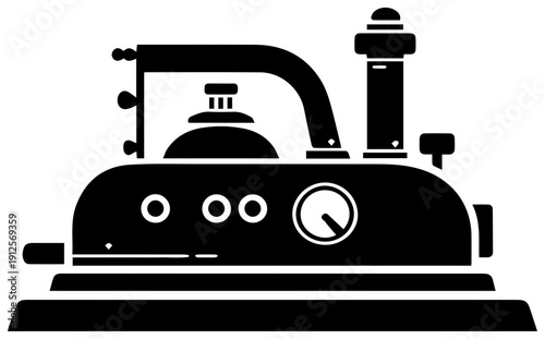 Solid black filled icon of a professional steam generator with gauge and pipes on a white background