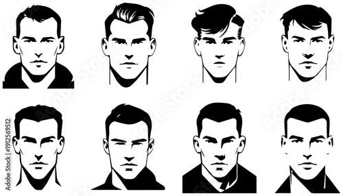 Vector illustrations of 9 distinct male faces with various jawlines and hairstyles