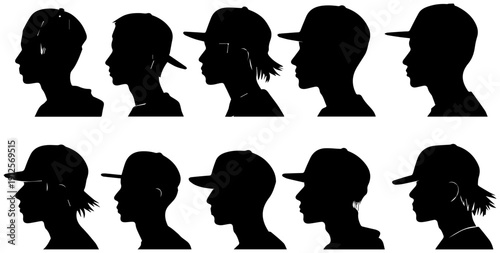 Vector illustrations of diverse boys wearing baseball caps in profile silhouettes for design use