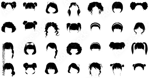 Collection of toddler silhouette icons featuring various hairstyles and head silhouettes on white background