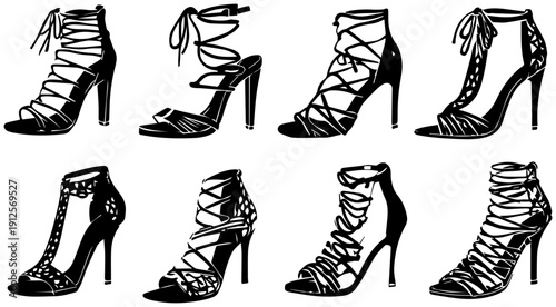 Vector illustrations of strappy high heeled sandals and stilettos in various designs and styles on white background