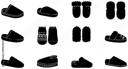 Collection of cozy slippers icons in black and white various styles and shapes