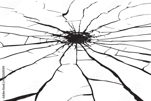 Illustration of abstract black cracks radiating from a central impact point on white