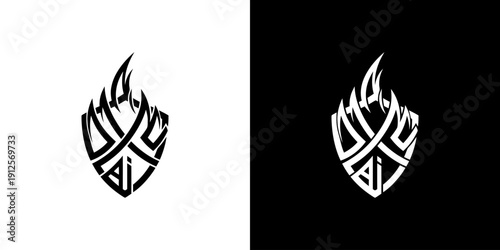 Stylized Flame Shield Logo Design Elements.