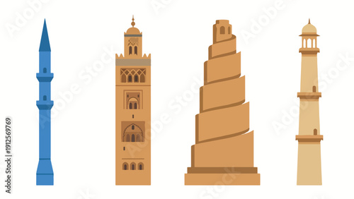 Mosque Minaret Architecture Style Icon Set, Turkish Moroccan Spiral Indian Tower Collection Illustration