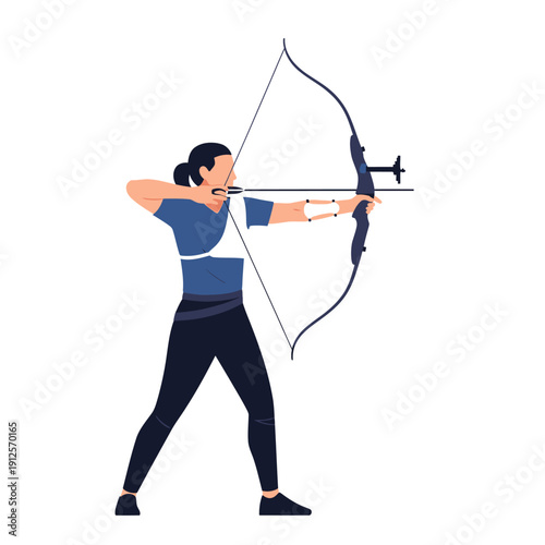 Archer Woman Aiming Bow and Arrow at Target, Sports Competition, Focus and Precision
