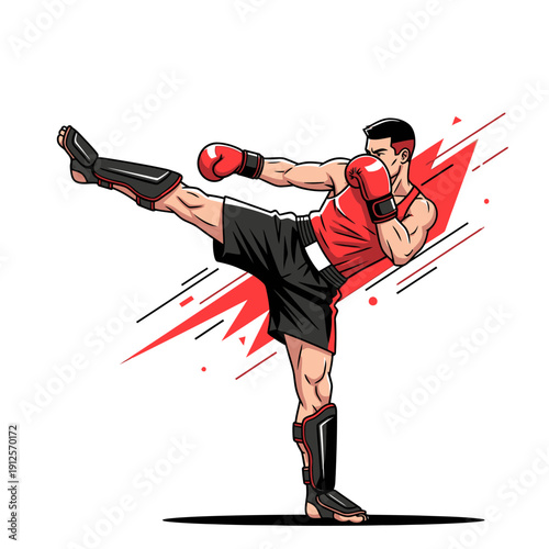 Martial artist performing a powerful roundhouse kick with red accents