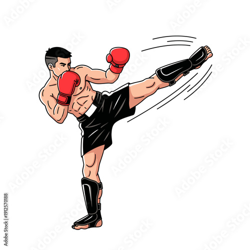 Martial Arts Fighter Performing High Kick in Red Boxing Gloves and Black Shorts