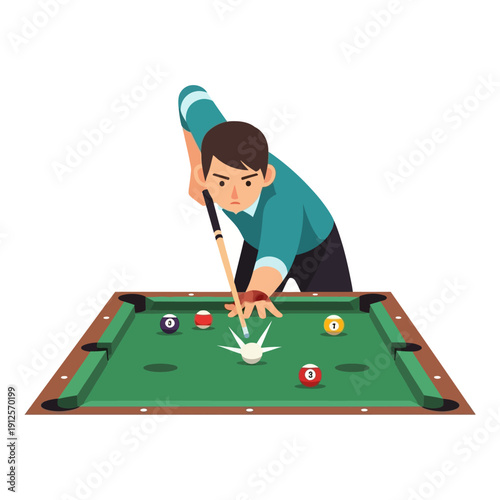 Man playing billiards, aiming to hit the white cue ball on a green pool table with colorful balls.