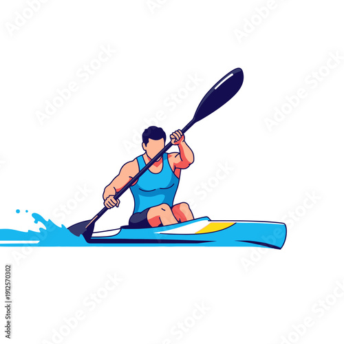 Man kayaking on blue water, paddling with oar, active lifestyle, sport