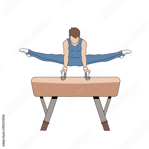 Male gymnast performing a split on the pommel horse during a gymnastics competition