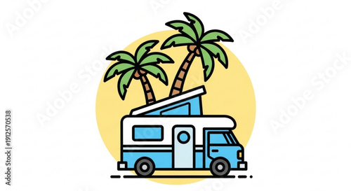 Camper Van with Palm Trees on Yellow Background, Isolated on White, Vector Illustration