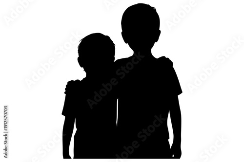 A minimalist vector graphic silhouette of two children standing together