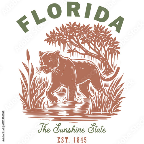 Retro Florida wildlife design featuring a panther in marsh scenery with engraved detail. Vintage badge illustartion