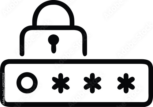 A digital lock icon with a password input field and asterisks for security