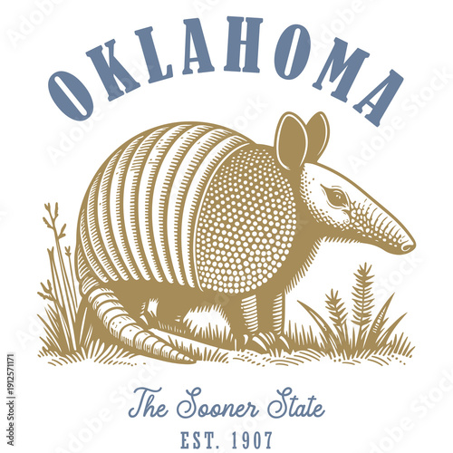 Vintage Oklahoma illustration featuring a detailed armadillo in prairie grass with classic retro typography. Retro vector illustration