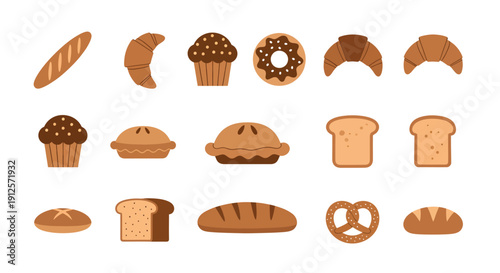 Bakery and Pastry Vector Icon Set with Bread, Croissant, Cupcake, and Pretzel