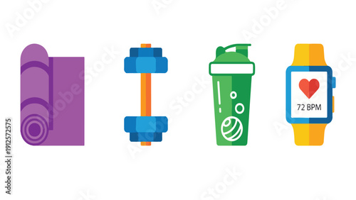 Ramadan Fitness Workout and Health Icon Set, Gym Yoga Mat Dumbbell Protein Collection Illustration