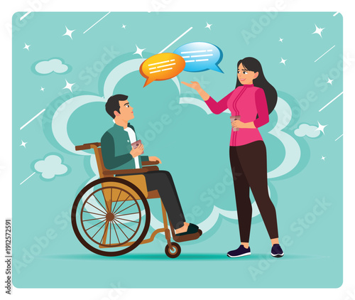 Social adaptation of disabled people. Friendly Conversation Between a Wheelchair User and a  Woman.