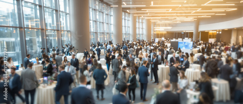 Blurred motion of large crowd attending business conference in modern hall. Defocused abstract background of corporate event networking, audience gathering in hotel lobby and busy exhibition center.