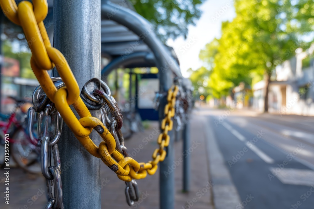 Naklejka premium Yellow Chains on Bicycle Rack in Urban Environment with Occupied Spaces