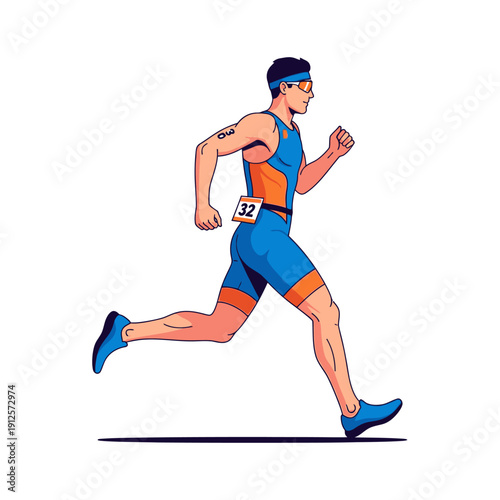 Triathlete runner in action, wearing blue and orange racing suit, bib number 32