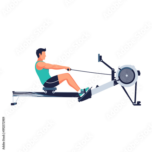 Man rowing on a fitness machine, indoor cardio workout, healthy lifestyle