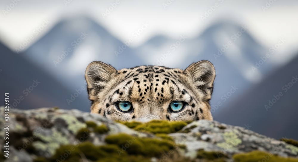 Fototapeta premium Snow leopard with striking blue eyes peering over moss-covered rock in mountainous habitat