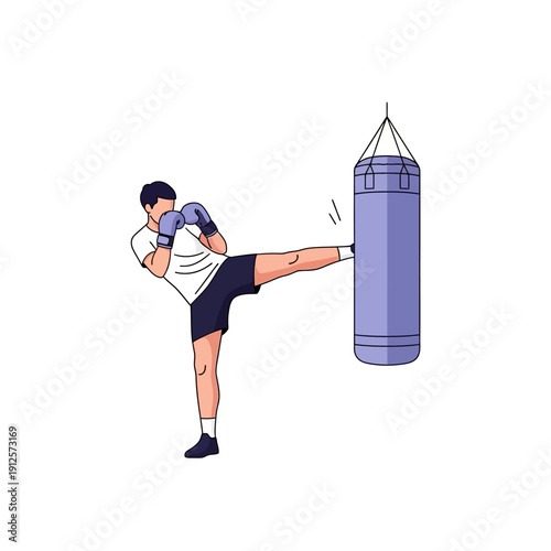 Man kicking punching bag, martial arts training, fitness workout, combat sports