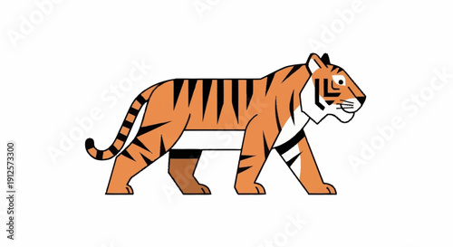 Stylized illustration of a walking tiger with black stripes.