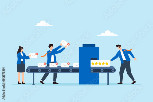 Flat illustration of business team processing customer review envelopes on conveyor belt with five star rating feedback system