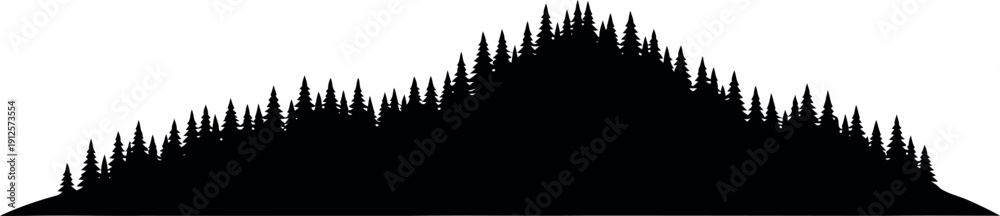Obraz premium Black Silhouette of Pine Tree Forest Mountain Range Isolated on White Background for Nature Design