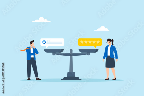 Flat illustration of businessman and businesswoman weighing feedback and five star rating on balance scale for fair employee performance evaluation