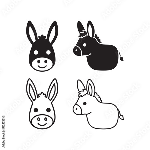 Donkey Icon - Solid Black Silhouette with Outline, Flat Vector, Cute Rounded Shape
