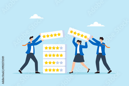 Flat illustration of business team stacking review box with star rating to build performance wall for customer trust and employee evaluation system
