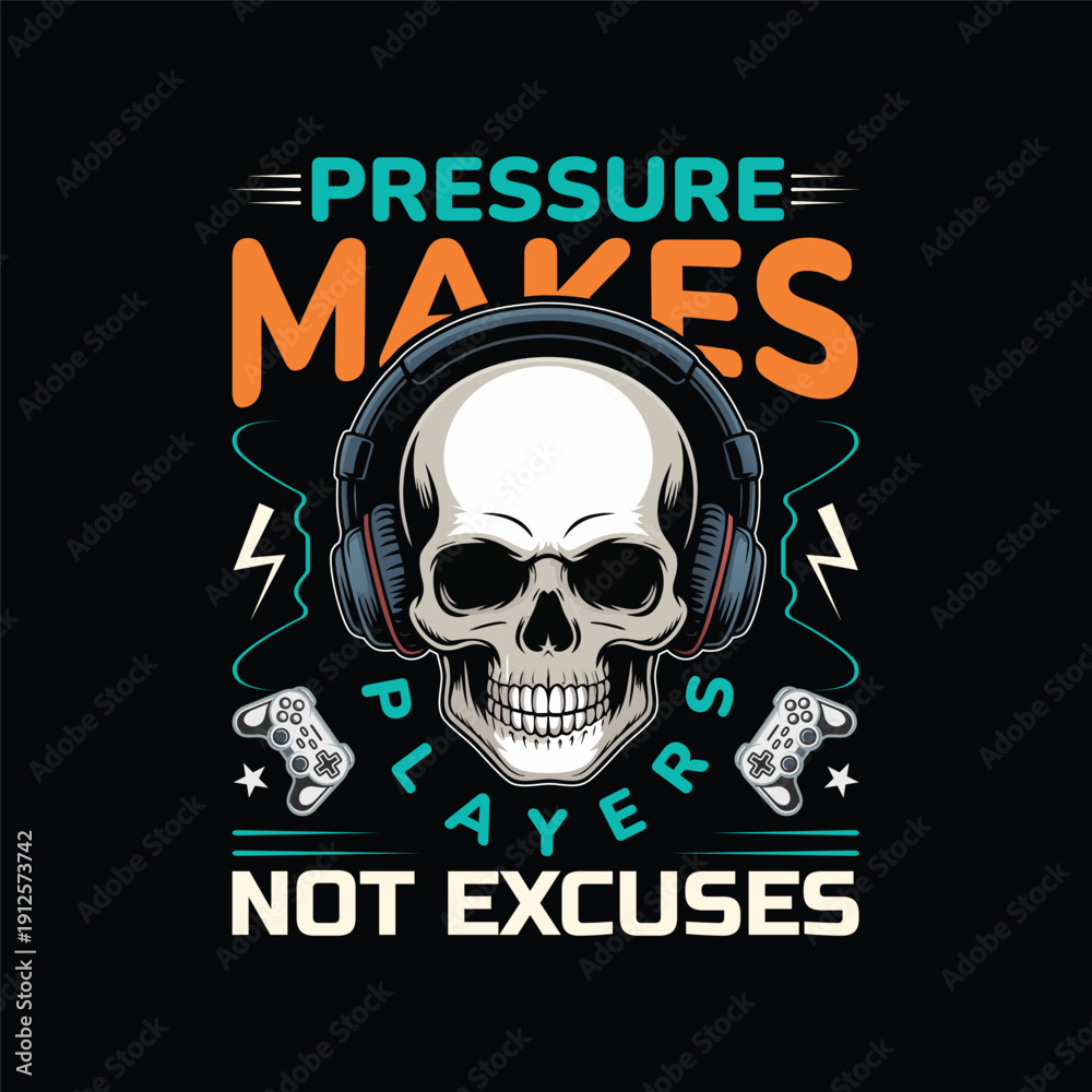 Fototapeta premium Gaming T-Shirt Design – Retro Gamer Quotes, Skull Headset, Controller Typography Vector Collection