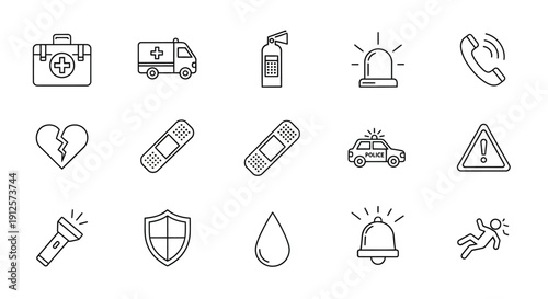 Medical emergency icons depicting healthcare and disaster silhouette