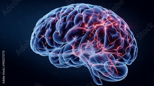 A digital illustration of a human brain with glowing red neural connections visible through a translucent blue outline viewed from the side.